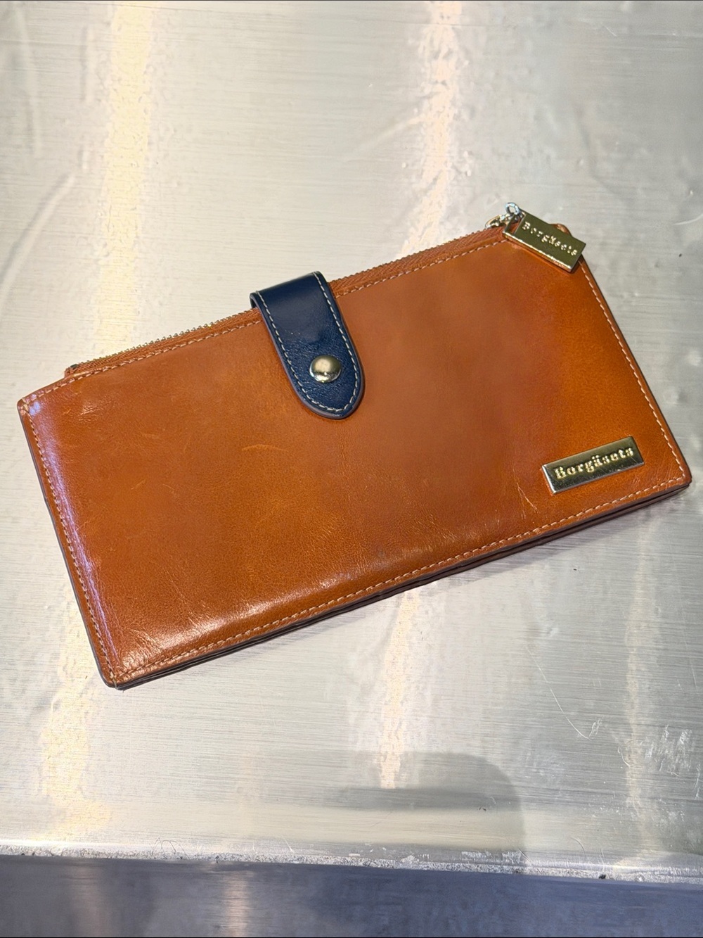 Borgasets Leather Wallet - Brown with Navy Accent